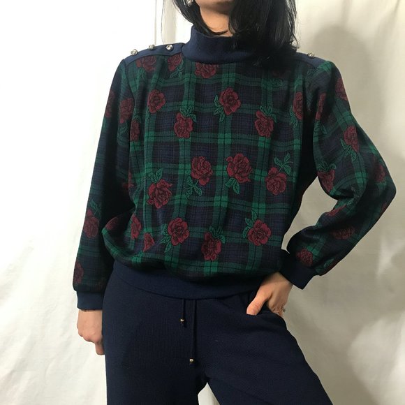 vintage Sweaters - Vintage 1980s rose plaid sweatshirt green medium